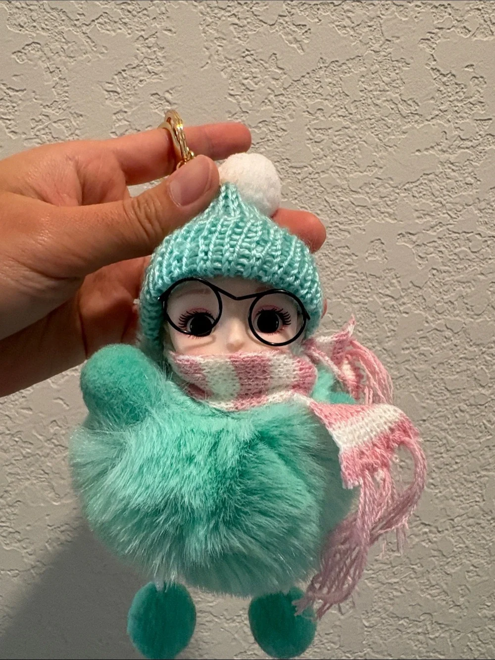 NWOT Plush Pom-Pom Doll Keychain - Mint with Pink Scarf